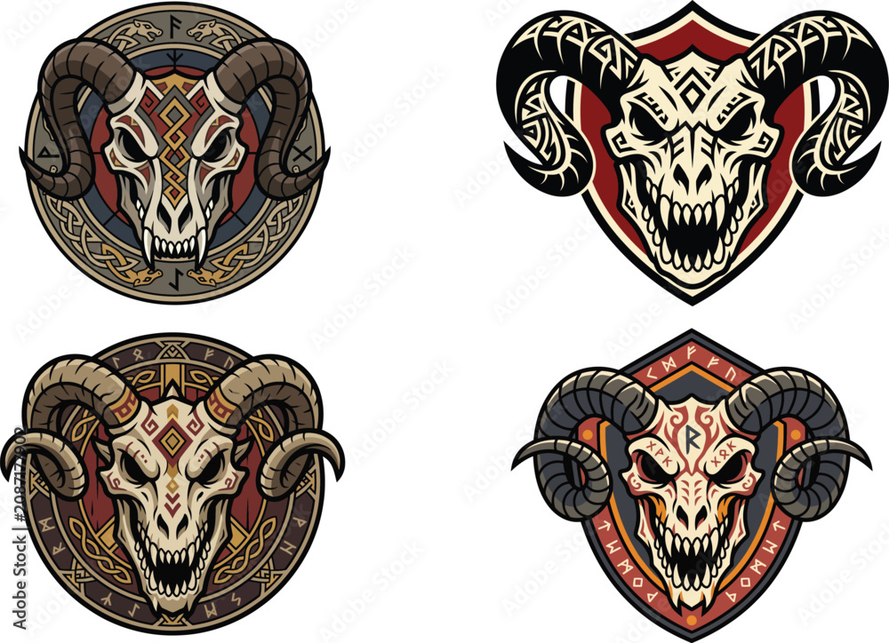 Obraz premium Viking ram skull emblems, set of 4 nordic goat head vector illustrations, ancient rune shield badges with horned animal bones for gaming and apparel