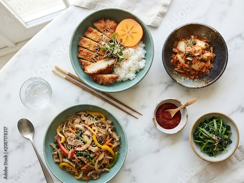 Overhead shot of korean cuisine featuring fried chicken japchae kimchi and seasoned spinach with persimmon