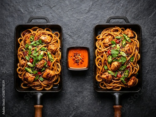 Overhead shot of two cast iron skillets filled with asian noodles chicken and vibrant garnishes