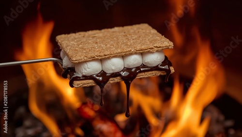 Delicious Smores Cooking Over a Campfire at Night