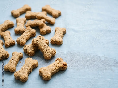 Delicious homemade dog treats in bone shape on blue background