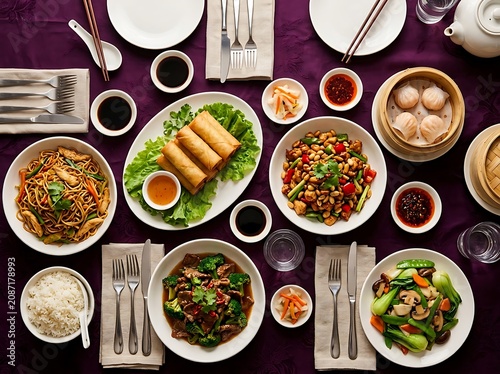 Variety of asian dishes on a purple table setting