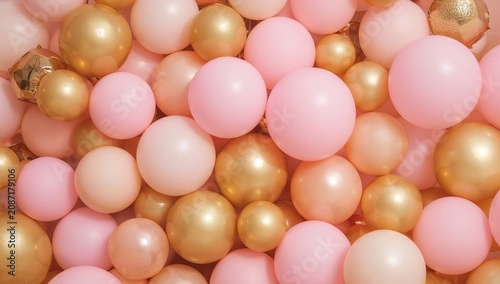 Colorful Balloons in Pink and Gold Fill the Background for a Party Setting