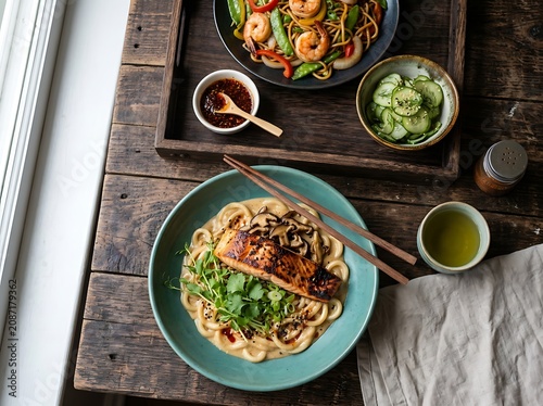 Asian fusion cuisine salmon with udon noodles shrimp stir fry and cucumber salad on rustic wood