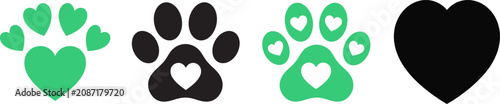 Set of paw prints and hearts in different colors