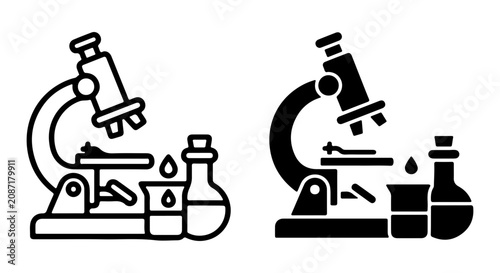 Microscope and Lab Equipment Icons, Scientific Research Symbols, Chemistry and Biology Vector Graphics