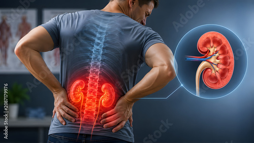 Man with kidney pain and anatomical kidney illustration