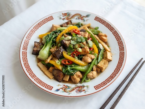 Authentic asian stir fry with chicken eggplant and bok choy served on decorative dragonware plate