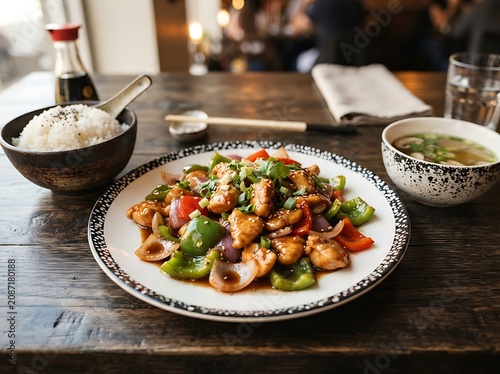Delicious asian style stir fried chicken with vegetables and rice