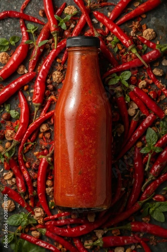 Chili Sauce in a Jar Surrounded by Dried Red Peppers and Spices on a Dark Sur...