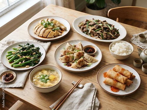 Variety of asian dishes on wooden table