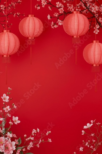 Decorative Red Lanterns Hang Against a Bright Red Wall With Flowers on a Fest...
