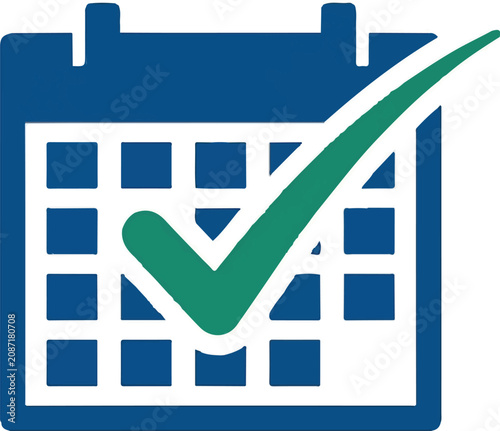 Blue Calendar Icon with Green Checkmark Symbol.