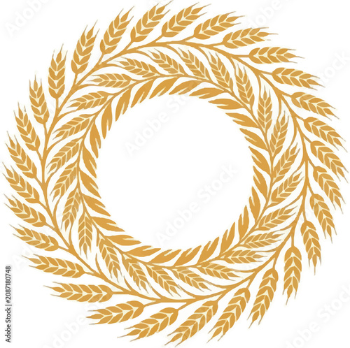 Circular wreath of golden wheat ears on white background.