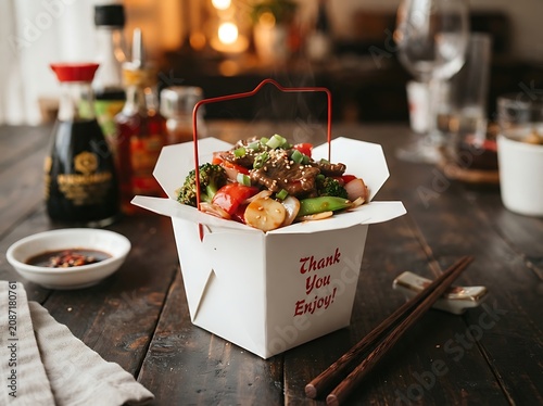 Takeout container with stir fry and chopsticks on dark wood table asian cuisine