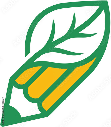 Creative concept icon showing a yellow pencil combined with a green leaf.