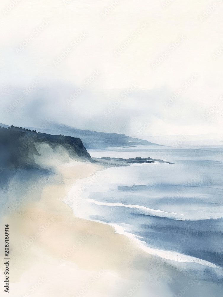 Obraz premium Soft watercolor coastal landscape with misty cliffs, sandy beach and calm sea