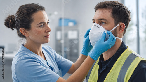 Female occupational health nurse fitting an N95 respirator on a male worker in a modern health clinic – workplace safety, respiratory protection, health screening, occupational health