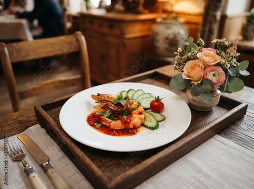 Elegant shrimp scampi presentation with floral arrangement on rustic wooden table setting