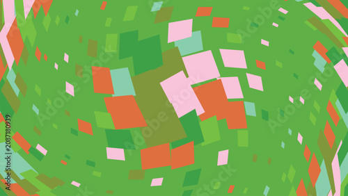 Photos Dynamic digital artwork showing abstract vortex pattern with distorted green orange pink rectangular shapes creating flowing motion effect