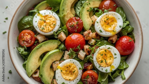 Healthy Salad With Eggs, Avocado, and Tomatoes Served in a Bowl