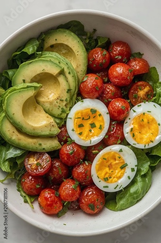 Fresh Salad With Tomatoes, Boiled Eggs, and Avocado on a White Bowl