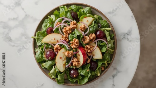 Colorful Salad With Greens, Apples, Grapes, and Nuts on a Round Plate on a Ma...