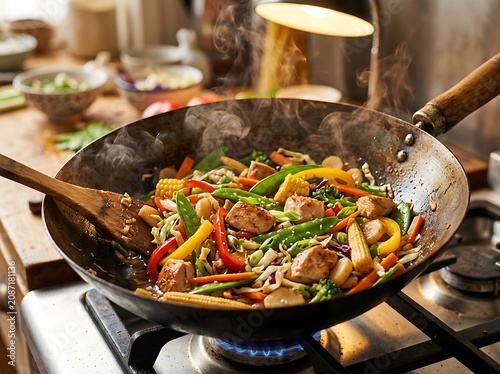 Stir fry cooking with chicken and vegetables in a wok on a gas stove