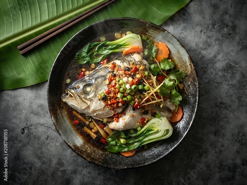 Steamed sea bass with ginger and scallions authentic asian cuisine presentation for restaurant menus