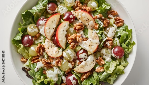Fresh Salad With Apples, Grapes, Walnuts, and Creamy Dressing on a White Plate