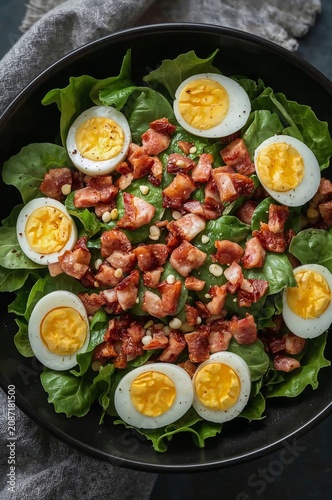 Salad With Greens, Eggs, and Crispy Bacon Served in a Black Bowl