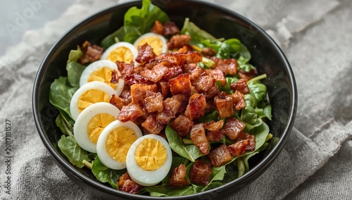 Delicious Salad With Boiled Eggs and Crispy Bacon on Fresh Greens