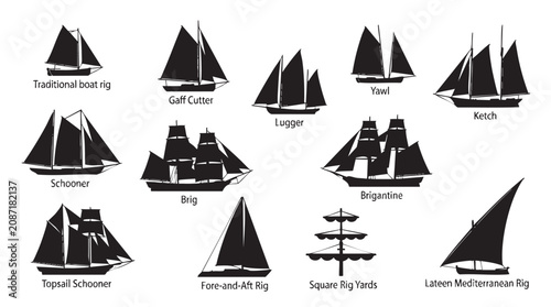 Illustrations of various traditional sailing boats and their rigs, including schooner, brig, and yawl.