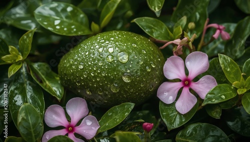 Avocado With Water Droplets Among Green Leaves and Pink Flowers in a Garden