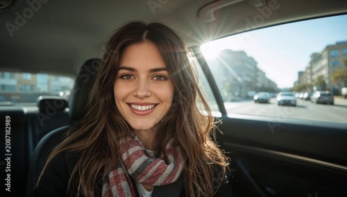 Smiling Woman in a Car During Daytime on a City Street