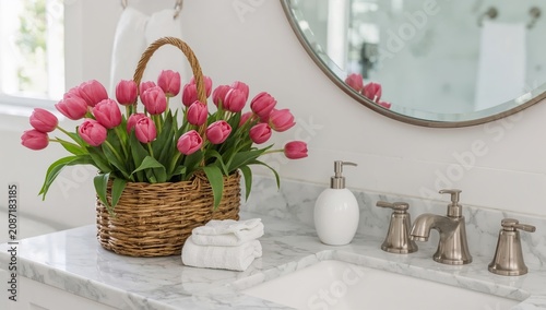 Decorative Flower Arrangement in a Bathroom Setting With Tulips in a Basket