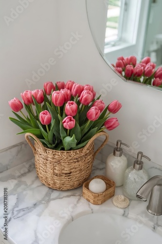 Fresh Pink Tulips in a Basket Placed on a Bathroom Countertop With a Mirror i...