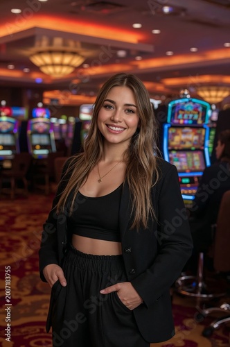 Young Woman Smiles at a Casino During Evening Hours With Slot Machines in the Background