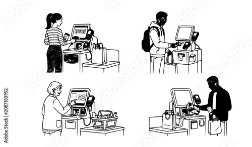 Obraz na plátně Modern Line Art People Using Self Service Kiosks and Automated Checkout Terminal