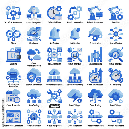 Cloud Computing and Automation Icons Set: Technology, Workflow, and Data