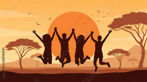Group of friends jumping silhouettes against savannah sunset illustration