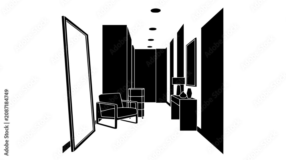 Fototapeta premium Minimalist Modern Interior Silhouette with Armchair and Mirror