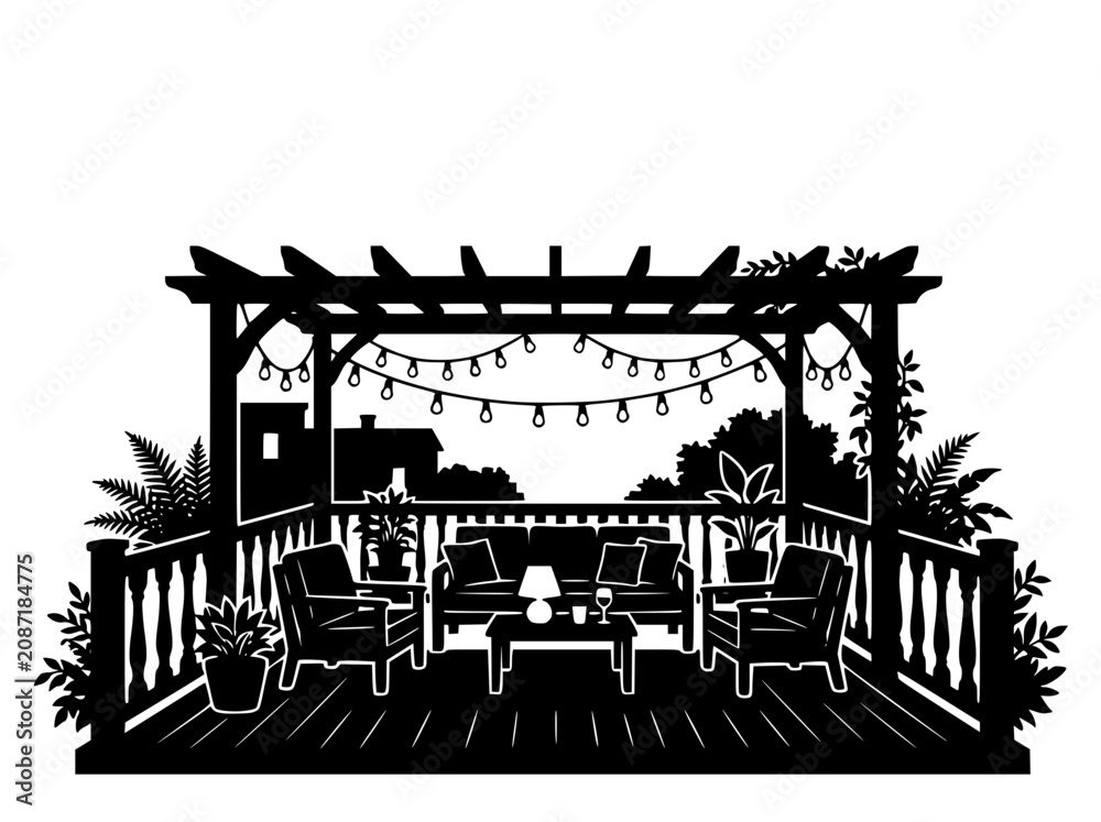 Obraz premium Outdoor Patio Pergola Silhouette with Furniture and String Lights
