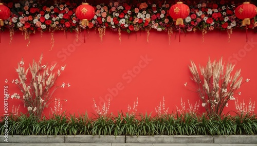Decorative Wall With Flowers and Lanterns at a Festival Setting During Daytime