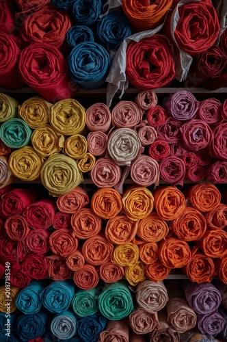 Colorful Fabric Rolls Stacked on Shelves in a Store Display During Daylight H...
