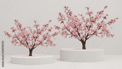 Branching Flowers in a Simple Vase on a Round Platform in a Bright Room