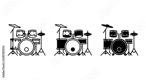 Fotografia Drum Kit Vector Icons, Black and White Percussion Set, Musical Instrument Graphi