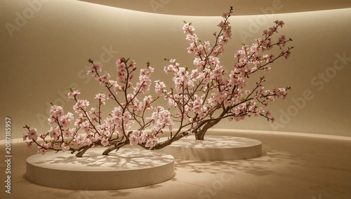 Decorative Cherry Blossom Trees in a Well-Lit Indoor Space During Evening Hours