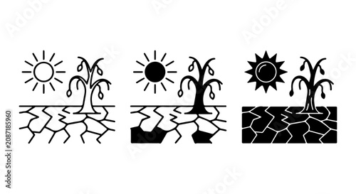 Fotografía Drought Icons: Arid Landscape, Sun, and Wilting Tree Vector Set