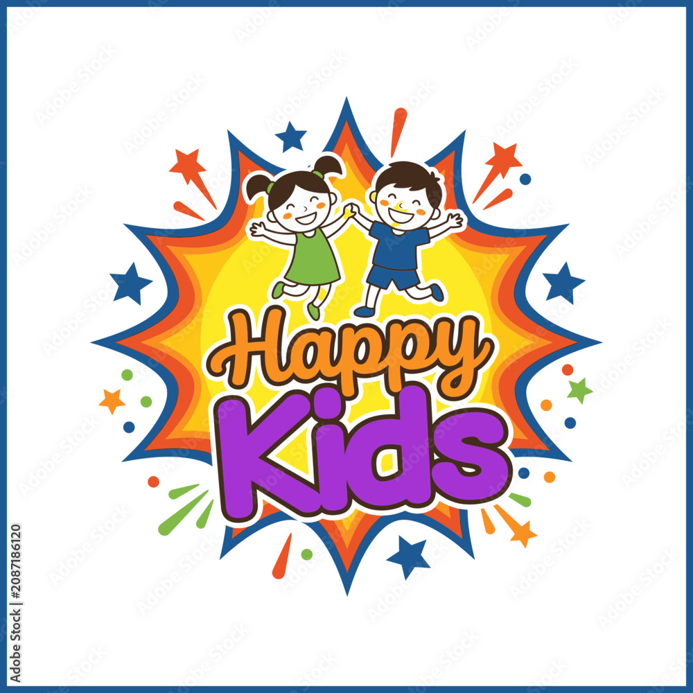 Fototapeta premium Happy Kids Cartoon Character Explosion Logo